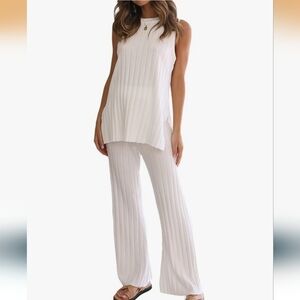 WOMEN'S H&M BEIGE RIBBED 2 PIECR LOUNGE SET SHIRT & PANTS SZ S/XS $80